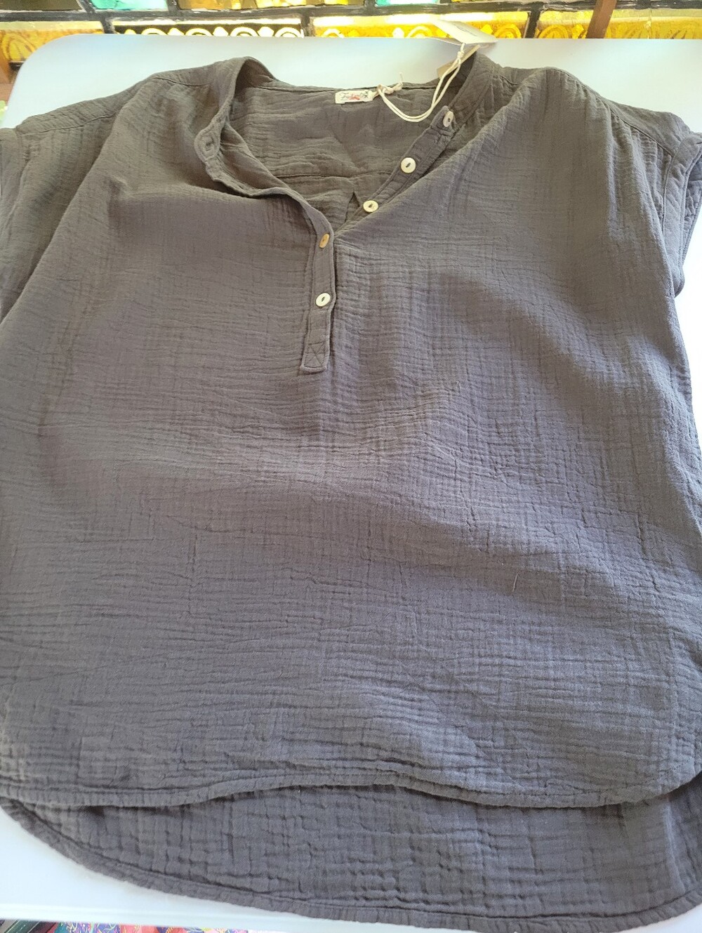 NWT Faherty S Women’s Slub 100% Cotton Casual Button Henley in Charcoal Gray